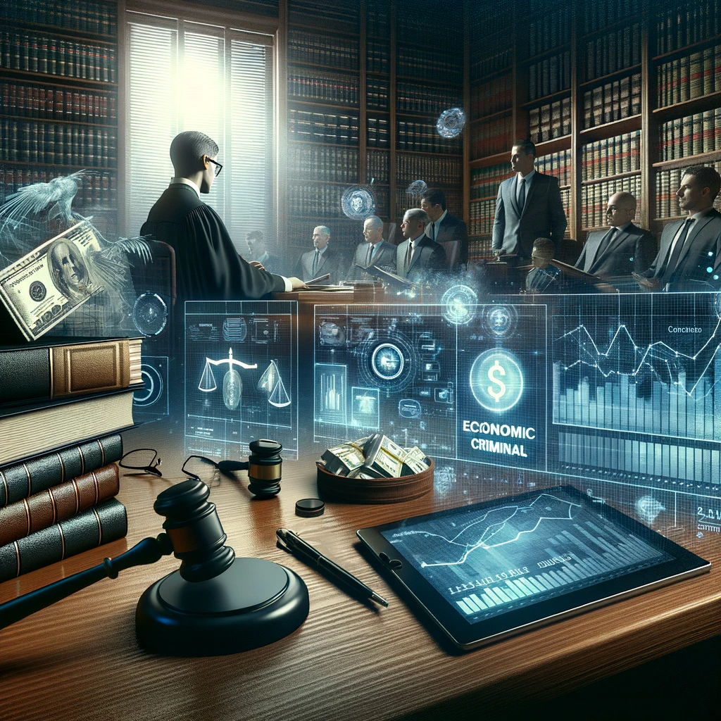 DALL·E 2024 01 25 15.44.13 A photo realistic image representing the concept of economic criminal law. The image features a courtroom scene with lawyers a judge and documents r