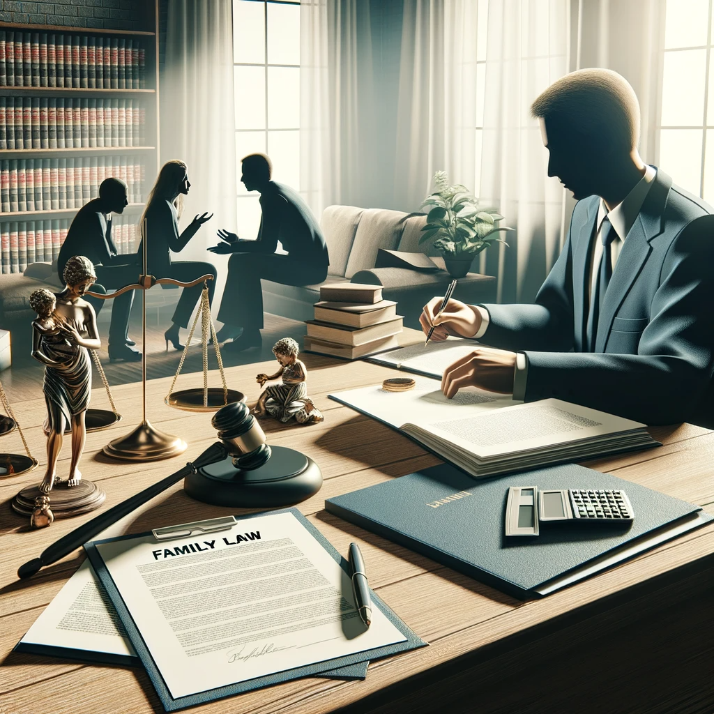 DALL·E 2024 01 25 15.46.19 A realistic image depicting the field of family law. The image should portray a legal office setting with a family law attorney consulting with client